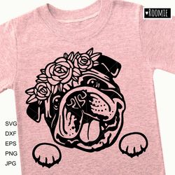 american bulldog with flowers svg for cricut, english bulldog shirt design, car decal clipart vector cut file vinyl /162