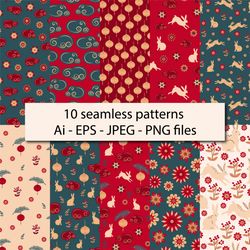Set of bright floral seamless patterns in Asian style