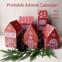 Printable Christmas Advent calendar from red paper houses in PDF, JPG and PNG formats