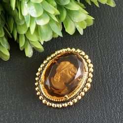Brown Yellow Intaglio Brooch Vintage Glass Lady Girl Intaglio Cameo Gold Oval Victorian Brooch Pin Woman Jewelry 7628