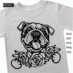 American bulldog with flowers svg for Cricut, English bulldog Shirt design, Car Decal Clipart Vector Cut file Vinyl /165