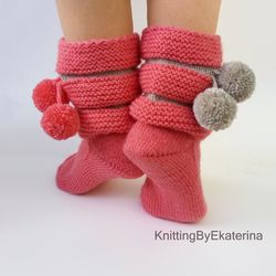 knitted slippers women slipper socks with pom pom knit slippers wool bed socks warm knit slipper boots handmade