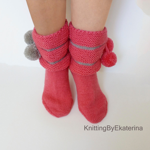 Knitted Women Slipper Socks with Pom Pom, Travel Warm Wool Socks, Handmade House Slipper  Boots in Gift Box, Striped Indoor Shoes.jpg