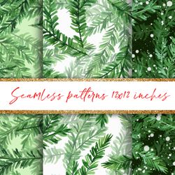 Christmas digital paper. Fir tree branch seamless patterns. Watercolor digital paper