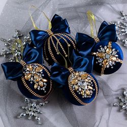 Christmas rhinestones dark blue ornaments, luxury handmade balls in gift box, Xmas decorations, New Year tree balls