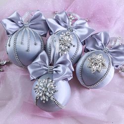 Christmas rhinestones silver ornaments, handmade balls in gift box, Xmas decorations, Tree decor set New Year tree balls