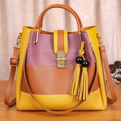 Womens Color Block Tassel & Bead Decor Top Handle Bag