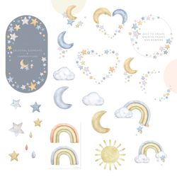 Baby Pastel Stars and Rainbows watercolor clipart set. Boho Neutral Baby Shower Invite clip art - Printable poster Boy