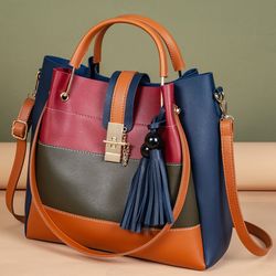 Womens Color Block Top Handle Bag With Tassel Bag Charm