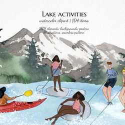 watercolor mountain lake clipart, people in lake illustrations, watercolor landscape background, kayaking black girl