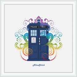 cross stitch pattern tardis police box doctor who curls rainbow monochrome blue dr who counted cross stitch patterns pdf
