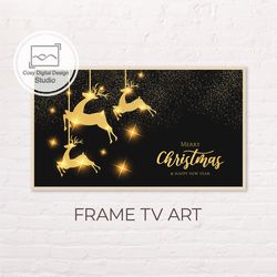 Samsung Frame TV Art | 4k Merry Christmas Gold Reindeer Sparkle Snow Art for The Frame Tv | Digital Art Frame Tv