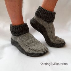 Mens Slipper Socks, Slipper Boots for Men Hand Knitted Socks with High Ankle, Wool Socks Anniversary Gift for Husband