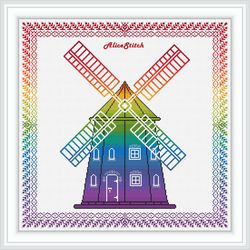 Cross stitch pattern Windmill Frame Rainbow Ornament Mill silhouette abstract bread counted crossstitch patterns PDF
