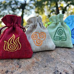 Avatar Embroidered DnD Dice Bag, ATLA Elements Inspired D&D Dice Pouch: Fire, Water, Earth, Air Embroidery, Geek Gift