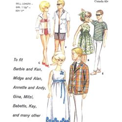 Barbie & Ken Vintage Sewing Pattern PDF Fashion Dolls size 11 1/2 inches Butterick 3316
