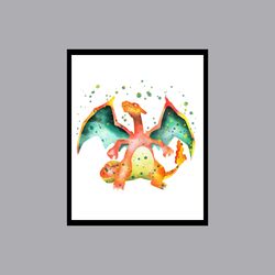Pokemon Charmander Art Print Digital Files decor nursery room watercolor