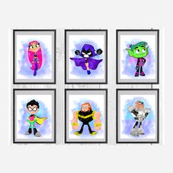 Teen Titans watercolor Print, Digital File for nursery room, wall art