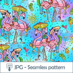 Flamingo Seamless pattern 1 JPG file Beach Party Digital Paper Vacation Beach Summer Rainbow Background Digital Download