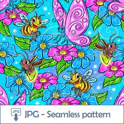 Funny Bugs Seamless pattern 1 JPG file Butterflies Digital Paper Insects Flowers Rainbow Background Digital Download