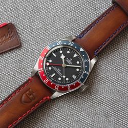 Watch strap for Tudor, Brown watchstrap PEPSI for Tudor GMT, genuine leather vintage,  handmade watchband