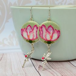 pink flower embroidered earrings, cross stitch nature jewelry with fairy charm, dainty gift for her