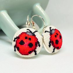 red ladybug embroidered earrings, cross stitch fabric jewelry, handcrafted modern gift for her
