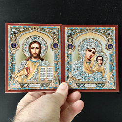 Holy Christ and Theotokos Icon Set  | Gold and Silver foiled lithography | Icon Reproduction | Size: 5 1/4"x4 1/2"