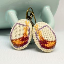 Embroidered earrings with wine glass, best gift wine lover, oval beige earrings with cross stitch
