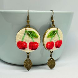Red cherry embroidered earrings Gift for garden lover Modern jewelry with leaf charm Birthday gift for woman