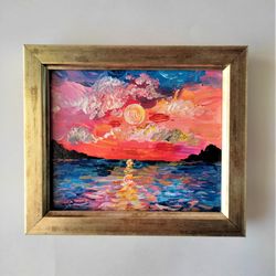 Gold framed artwork Sunset painting Sea sunset textured painting Painting impasto Sunset mini painting wall art