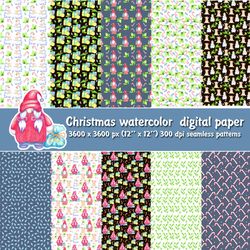 Watercolor Christmas Digital Paper. Hand painted winter seamless patterns with snowmen, gnomes, christmas trees, candies