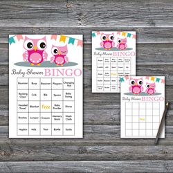 60 Pink Owl Baby Shower Bingo Cards,Owl Theme Baby Shower Bingo Games,Printable Baby Shower Bingo Cards--362
