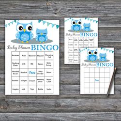 60 Blue Owl Baby Shower Bingo Cards,Owl Theme Baby Shower Bingo Games,Printable Baby Shower Bingo Cards--361