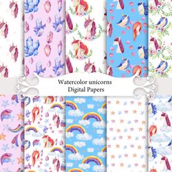 watercolor unicorns, seamless patterns.