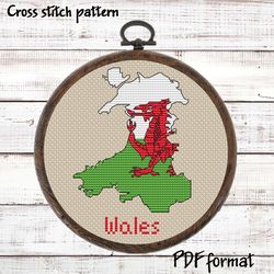Wales Map Cross Stitch pattern modern, Welsh Flag Xstitch pattern PDF, Wales Cross Stitch Pattern