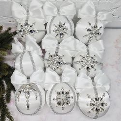 Christmas rhinestones ornaments, Handmade balls, Xmas decorations, Tree decor set, White baubles