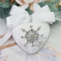 Christmas heart rhinestones ornaments, Handmade balls, Xmas decorations, Tree decor set, White baubles