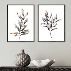 Set of 2 Gray prints, Neutral art set Gray wall decor Bathroom wall art plants prints, Gray Watercolor Minimalist