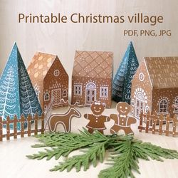 Printable Christmas village with gingerbread houses and mens, Christmas trees, elk, deer in PDF, JPG and PNG formats