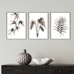 Set of 3 Prints, Wall Art Decor, Gray Decor, Nature Art Plant Botanical Print, Mono Art, Gray Watercolor Minimalist