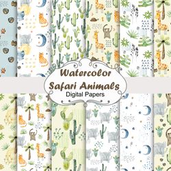 Watercolor Safari Animals, seamless patterns.