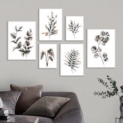 Gray Leaves Wall Art Set of 6, Grey Botanical Gallery Wall Art, Instant Download Plant Print, Black and white