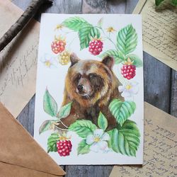Bear art, Bear in raspberries, Fantasy totem animal, ORIGINAL watercolor painting