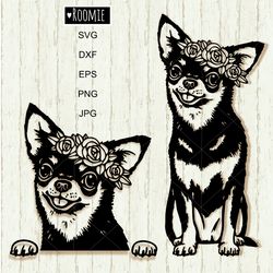 chihuahua with flower crown svg cricut shirt design, laser cut file cameo vinyl sublimation decal clipart vector /176