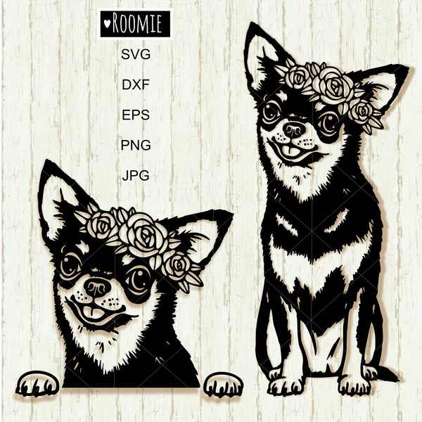 Chihuahua with flower crown black and white clipart.jpg