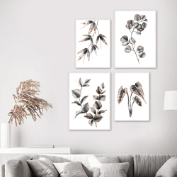 Wall Art Set of 4, Grey Botanical Gallery Wall Art, Instant Download Plant Print, Beige Silver Dollar Eucalyptus
