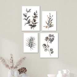 Botanical prints, Minimalist prints, Black and white, Gray Leaves Wall Art Set of 4, Instant Download Plant Print