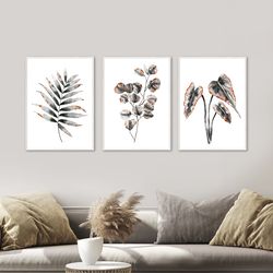 Set 3 Prints Wall Black Gray Decor, Watercolor autumn, Grey Botanical Gallery Wall Art, Instant Download Plant Print