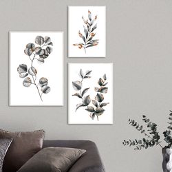 Gray Leaves Wall Art Set of 4, Grey Botanical Gallery Wall Art, Instant Download Plant Print, Beige Silver